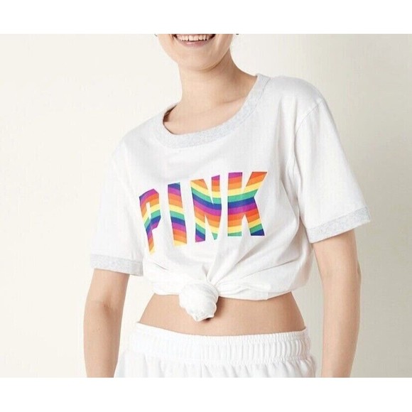 NWT Victoria’s Secret PINK Unisex Shirt, Campus Crew Tee Pride Rainbow Logo, Med - Picture 7 of 8